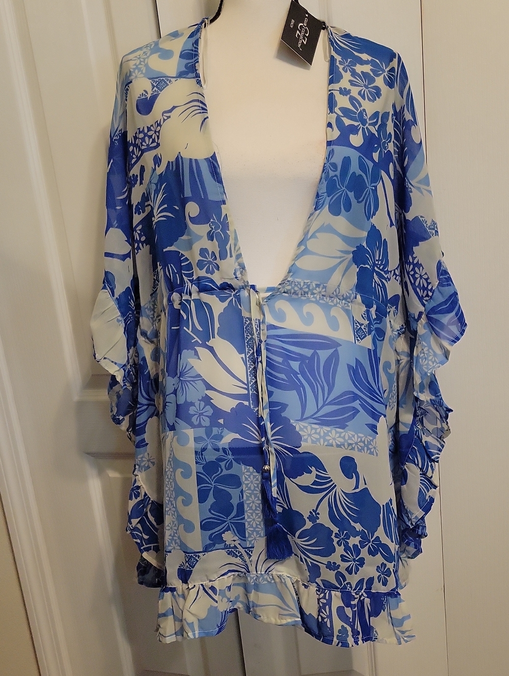 Blue Floral Women’s Swim Cover-Up with Tie Front